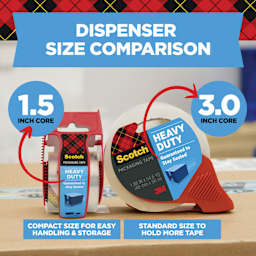 Dispenser size comparison, 1.5 inch core, compact size for easy handling and storage, 3.0 inch core, standard size to hold more tape