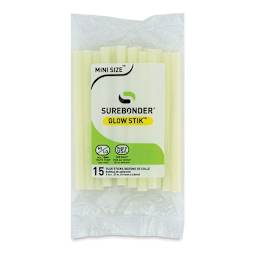 Surebonder All-Temp Mini Glow in the Dark Glue Sticks - Front of package of 15 Sticks
