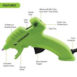 Surebonder Specialty Series Cool Shot Super Low Temp Mini Glue Gun, display of features
