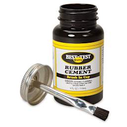 Best-Test Rubber Cement - Front view of 4 oz Jar, open showing Lid and attached brush