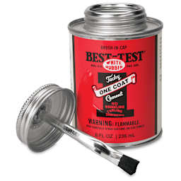 Best-Test One Coat Rubber Cement - Front of open 8 oz can with brush in front
