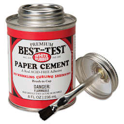 Best-Test Acid-Free Paper Cement - 8 oz can shown open with brush/lid