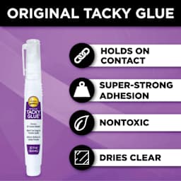 Original tacky glue, holds on contact, super-strong adhesion, nontoxic, dried clear