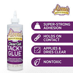 Super-strong adhesion, holds on contact, applies and dries clear, nontoxic.