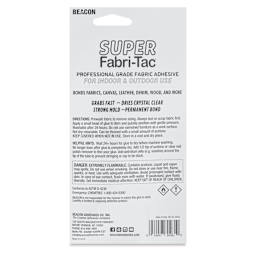 Beacon Super Fabri-Tac Fabric Adhesive - 2.5 oz, back of the packaging