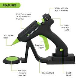 Surebonder Specialty Series Mini Cordless High Temp Glue Gun, display of features