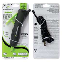 Surebonder Specialty Series Detail Tip Dual Temp Mini Hot Glue Pen, front and back of the packaging. 