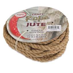 Pepperell Craft Natural Jute Craft Rope - Top angled view of 50 ft coiled Rope with label