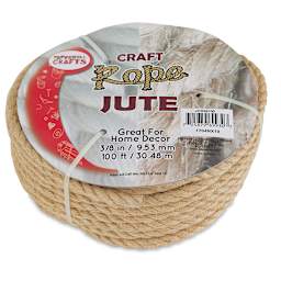 Pepperell Craft Natural Jute Craft Rope - Top angled view of 100 ft coiled Rope with label