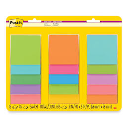 Post-it Super Sticky Notes - Pkg of 15, 3" x 3", Assorted Colors, Blank front of packaging