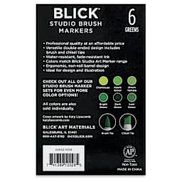 Blick Studio Brush Markers -  Green Colors, Set of 6 (Back of package)