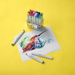 Blick Studio Brush Markers - Assorted Colors, Set of 12 with a drawing of a bird