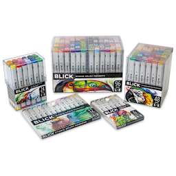 Blick Studio Brush Marker Sets. Package fronts of 6, 12, 24, 48, and 96 marker sets.