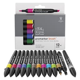Winsor & Newton Promarker Brush Markers - Vibrant Tones, Set of 12, markers laid out in front of pack