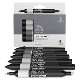 Winsor & Newton Promarker - Neutral Tones, Set of 6, markers laid in front of packaging