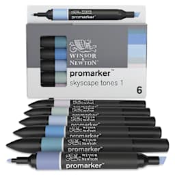 Winsor & Newton Promarkers - Skyscape Tones 1, Set of 6, markers laid out in front of packaging