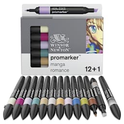 Winsor & Newton Promarkers - Manga Romance, Set of 13, markers laid out in front of the packaging
