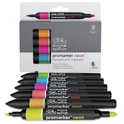 Winsor & Newton Neon ProMarkers - Set of 6, markers laid out in front of the packaging