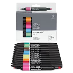 Winsor & Newton Promarker - Set 2, Set of 13, markers laid out in front of the packaging