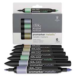 Winsor & Newton Promarker Metallic Markers - Set of 6, markers laid out in front of the packaging