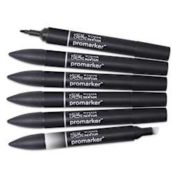 Winsor & Newton Promarkers - Black and Blender, Set of 6, laid out
