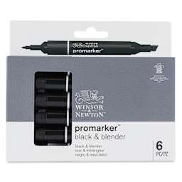Winsor & Newton Promarkers - Black and Blender, Set of 6, front of the packaging