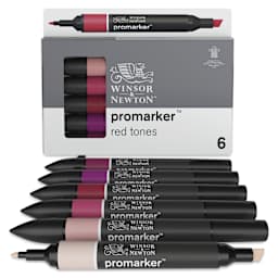 Winsor & Newton Promarkers - Red Tones, Set of 6, markers laid out in front of the packaging