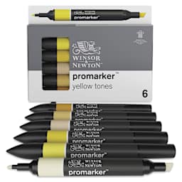 Winsor & Newton Promarkers - Yellow Tones, Set of 6, markers laid out in front of the packaging