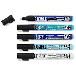 Pebeo Acrylic Markers - 5 pc Set of Blue Toned Markers shown horizontally with one uncapped

