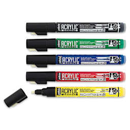 Pebeo Acrylic Markers - 5 pc Set of Primary Color Markers shown horizontally with one uncapped