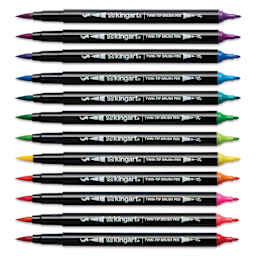 Kingart Twin-Tip Brush Pen Set - Bright, Set of 12, markers laid out with caps removed