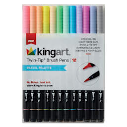 Kingart Twin-Tip Brush Pen Set - Pastel, Set of 12, front of the packaging