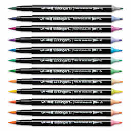 Kingart Twin-Tip Brush Pen Set - Pastel, Set of 12, markers laid out with caps removed