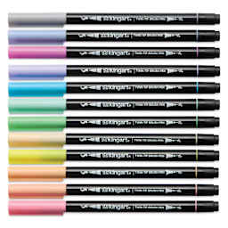 Kingart Twin-Tip Brush Pen Set - Pastel, Set of 12, markers laid out with caps on