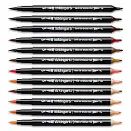Kingart Twin-Tip Brush Pen Set - Portrait, Set of 12, markers laid out with caps removed