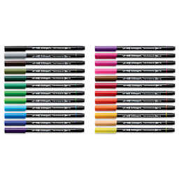Kingart Twin-Tip Brush Pen Set - Set of 24, markers laid out with caps on 
