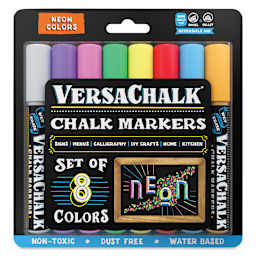 VersaChalk Wet Erase Liquid Chalk Markers - Set of 8, Neon Colors, Bold Tip, front of packaging