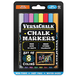 VersaChalk Wet Erase Liquid Chalk Markers - Set of 8, Neon Colors, Fine Tip, front of packaging