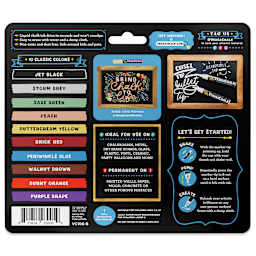 VersaChalk Wet Erase Liquid Chalk Markers - Set of 10, Classic Colors, Bold Tip (back of packaging)