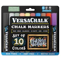 VersaChalk Wet Erase Liquid Chalk Markers - Set of 10, Classic Colors, Bold Tip (front of packaging)