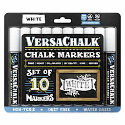 VersaChalk Wet Erase Liquid Chalk Markers - White, 5 mm, Set of 10, Bold Tip, front of pack