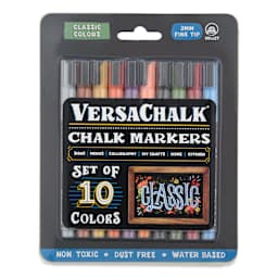VersaChalk Wet Erase Liquid Chalk Markers - Classic Colors, 3 mm, Set of 10, Fine Tip, front of pack