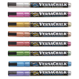 VersaChalk Wet Erase Liquid Chalk Markers - Metallic Colors, 3 mm, Set of 8, Fine Tip, cap on