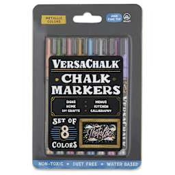 VersaChalk Wet Erase Liquid Chalk Markers - Metallic Colors, 3 mm, Set of 8, Fine Tip, front of pack