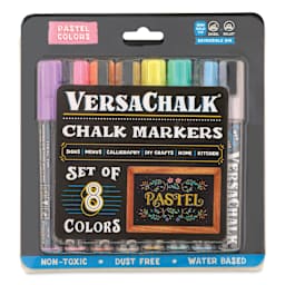 VersaChalk Wet Erase Liquid Chalk Markers - Pastel Colors, 5 mm, Set of 8, Bold Tip, front of pack