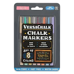 VersaChalk Wet Erase Liquid Chalk Markers - Pastel Colors, 3 mm, Set of 8, Fine Tip, front of pack