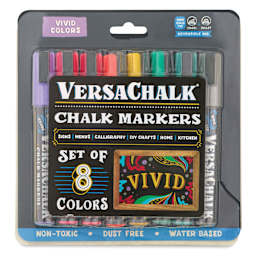 VersaChalk Wet Erase Liquid Chalk Markers - Vivid Colors, 5 mm, Set of 8, Bold Tip, front of pack