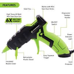 Surebonder Specialty Mini High Temp Glue Gun, features of each component of the glue gun displayed. 