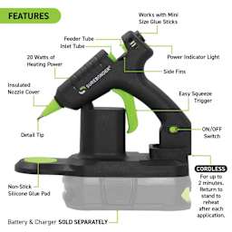 Surebonder Professional Mini Battery Powered High Temp Glue Gun, display of the features