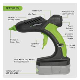 Surebonder Professional Battery Powered High Temp Glue Gun, display of the features